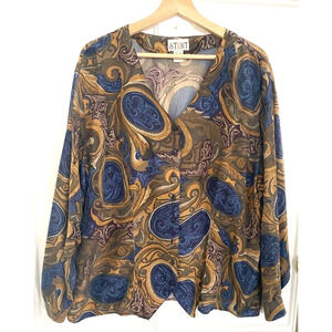 Stunt - Long sleeve Brown & Blue 100% Silk V Neck blouse women's size 2x